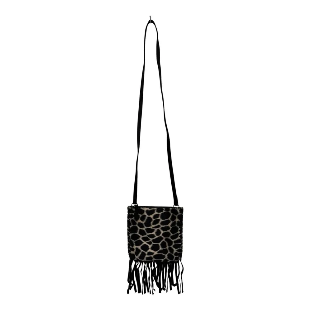Fossil Crossbody Purse Black Suede Animal Print Fringe‎ Inside Zipper Pocket